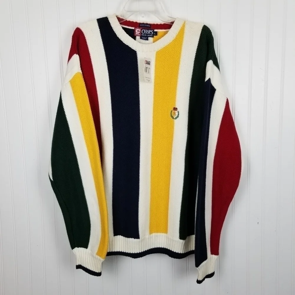 Ralph Lauren X Chaps Sweater Crest Crew Horizontal Stripe Multi Color Cotton NWT